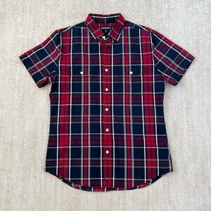 Express Plaid Cotton Short Sleeve Button Up Shirt Top M 15-15.5 Blue White Red